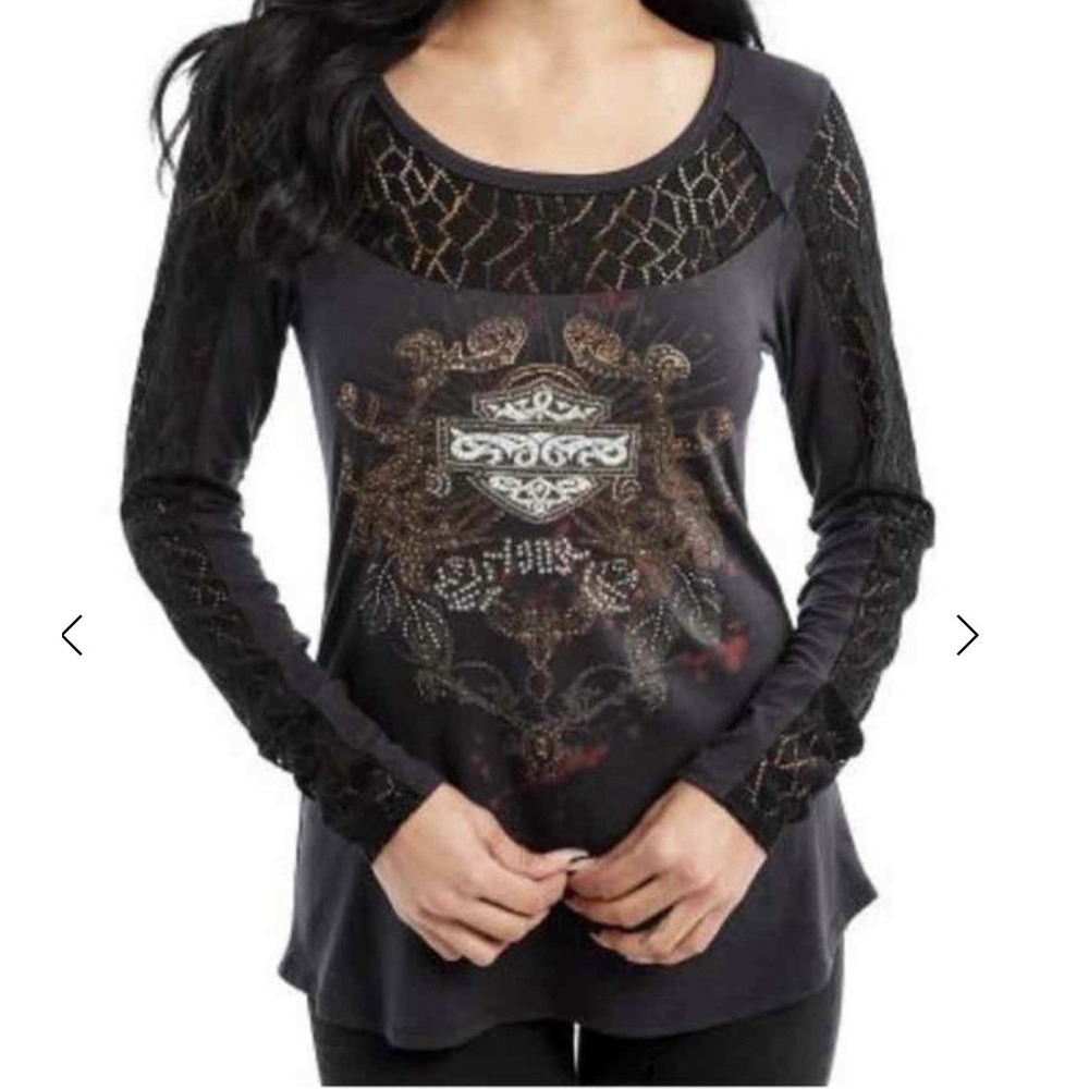 Harley Davidson Womens Large Long Sleeve Shirt Rhinestone Bling Lace Black